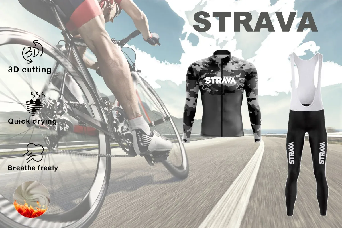 Strava Cycling Men's Winter Long Sleeve Long Pants Suit Warm Cycling Jacket Jersey Long Sleeve Mountain Road Bike Christmas Gift