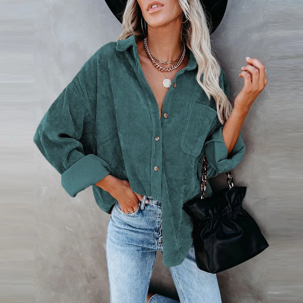 

Women's Plain Collared Minimalist Button Front Collared Blouse Fall Clothes Casual Baggy Drop Shoulder Long Sleeve Blouse Top