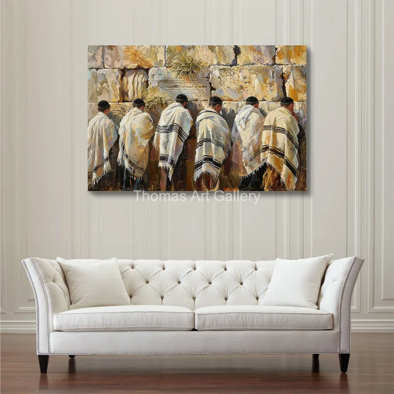 Jerusalem Kotel Canvas Prints Abstract Warm Gold Wall with Black Hat Praying Men Jewish Home Decor for Living Room Synagogue