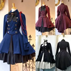 Vintage Bow Lolita Dress Long Sleeve Big Size Ruffle Cosplay Gothic Tie Button Lace Up Knee Length Dress Halloween Christmas