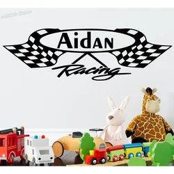 Personalized Name Racing Games Wall Decal Flags Custom Name Wall Sticker Children Room Boys Bedroom Decor Vinyl Art Decal B846