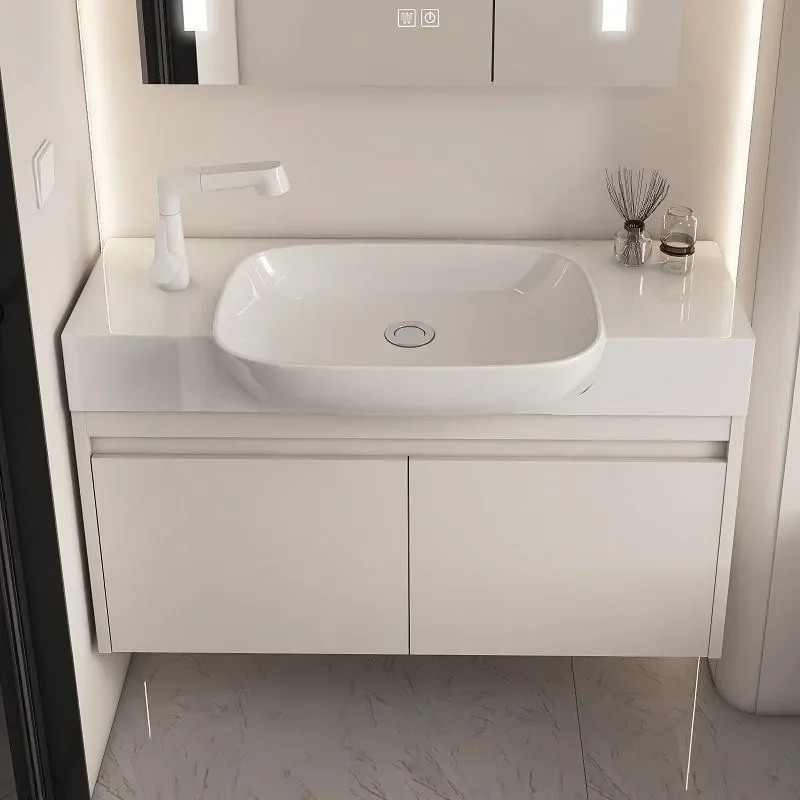 for Narrow Side Space Aluminum Bathroom Cabinet with Ceramic Integrated Basin Small Apartment Wash Basin Cabinet Combination