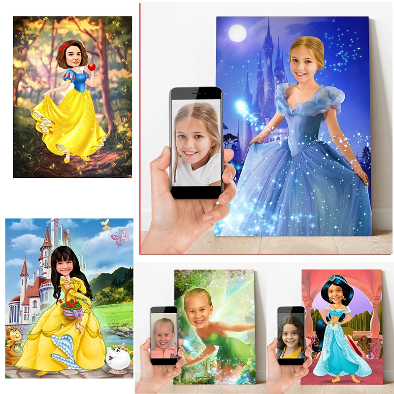 Disney-pintura personalizada do diamante, imagem facial personalizada, bordado do diamante do mosaico, princesa quarto, decoração home