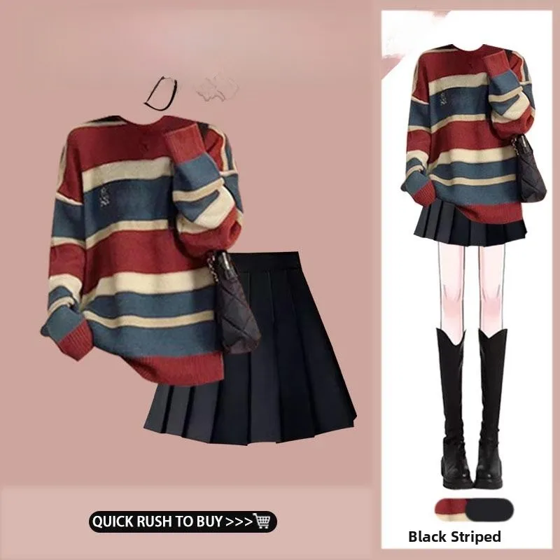 

American Retro Striped round Neck Sweater Women's Soft Cozy Knitted Top High Waist Pleated Skirt Set Spring 2025 New Arr...
