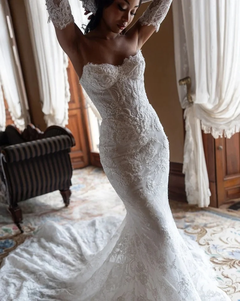 Exquisite Beading Sweetheart Long Sleeve Mermaid Wedding Dress Gorgeous Appliques Sweep Train Trumpet Bridal Gown Customized