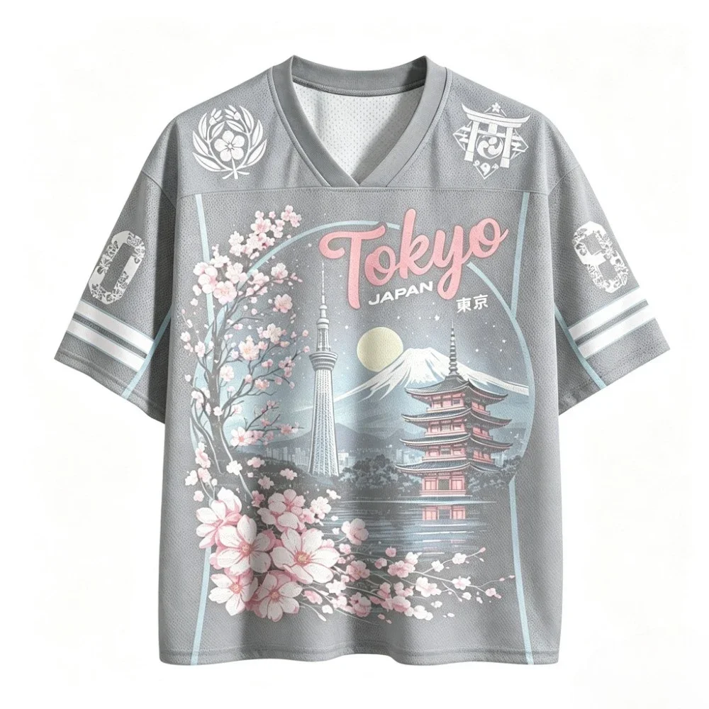 Tokyo Cherry Blossom Mount Fuji Breath Schnelltrocknendes 3D-Druck-T-Shirt mit V-Ausschnitt für Herren und Damen, Outdoor-Freizeitmode, Eltern-Kind-Kleidung – Detail 6