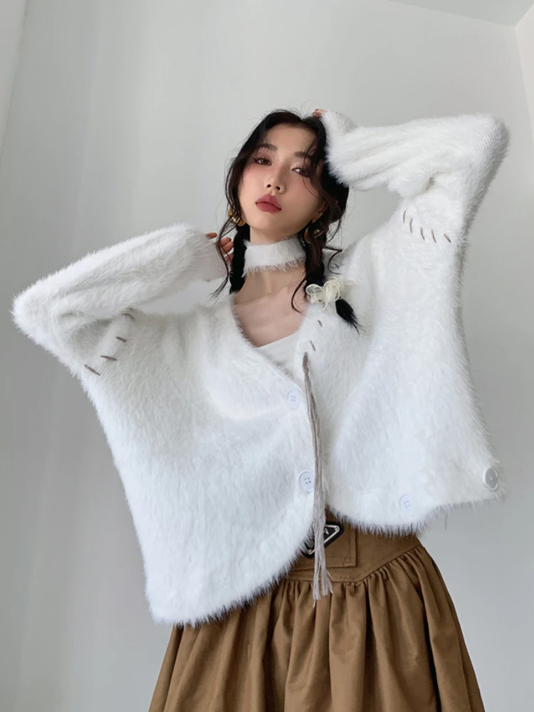 

Pure White Sweater Cardigan Knitted Coat Women Spring Autumn Long Sleeve Halter Loose Casual Faux Fur Jacket Outerwear Girl 1106