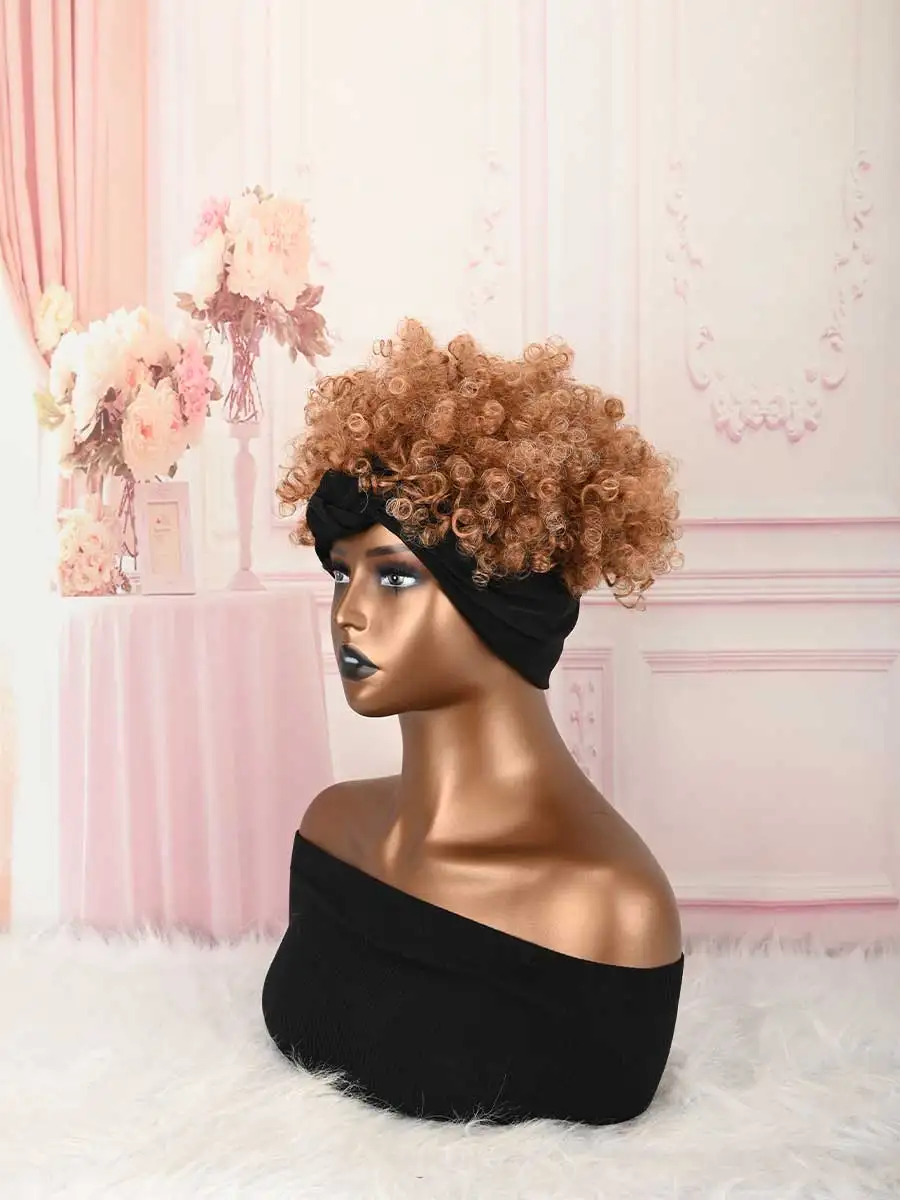 Headband Wig Curly Headband Wig With Bangs For Women Synthetic Afro Curly Hair Wig With Headband Attached Short Kinky