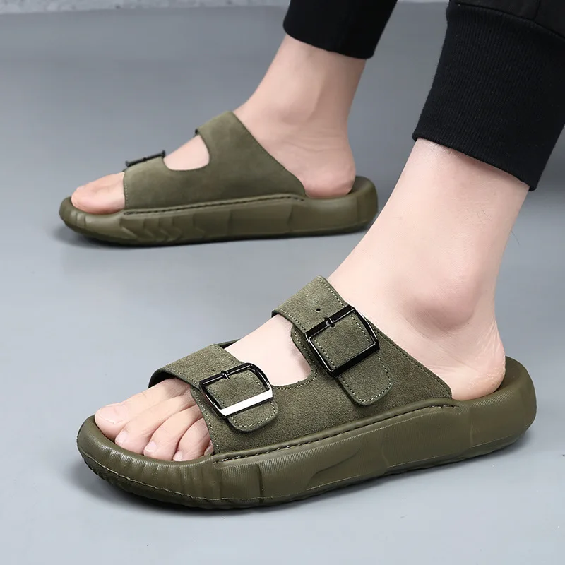 Fashionable Men's Top Layer Cowhide Casual Slippers Summer Outdoor Non Slip Men's Sandals Thick Bottom Beach Slippers