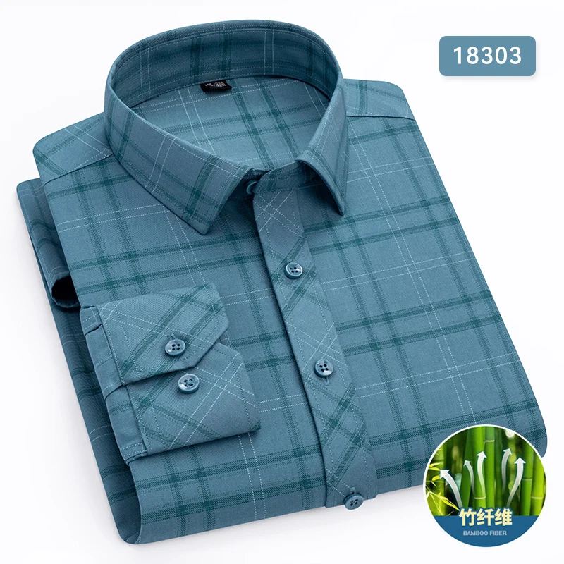 Bamboo Fiber plaid shirt Anti-Wrinkle men's shirts long sleeve casual Special Design S- 4XL Easy-care Shirts