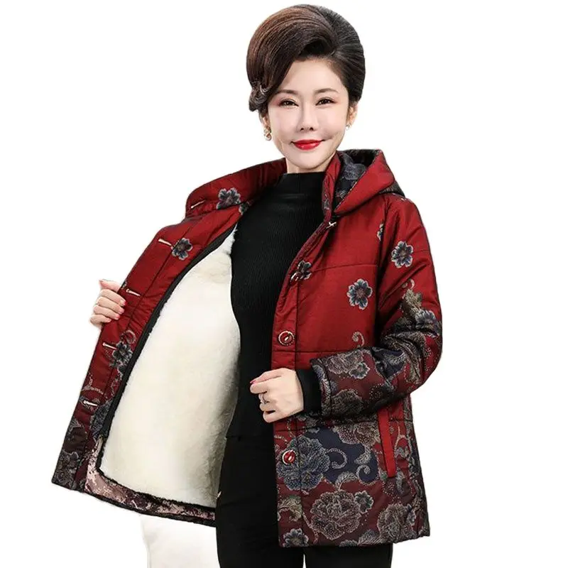 

Fshion Padded Women Stand Collar Printing Winter New Fleece Warm Padded Loose Wool Mother Casual Pocket 5XL