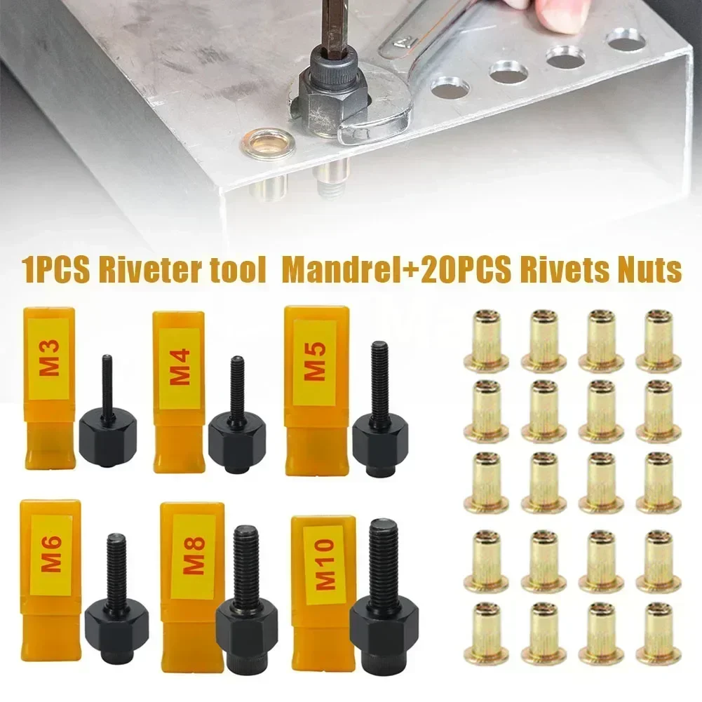 21pcs/set Hand Rivet Nut Gun Head Nuts Riveter Tool M3 4 M5 M6 M8 M10 For Rivet Nut Gun Riveting Riveter Tool Steel Nuts