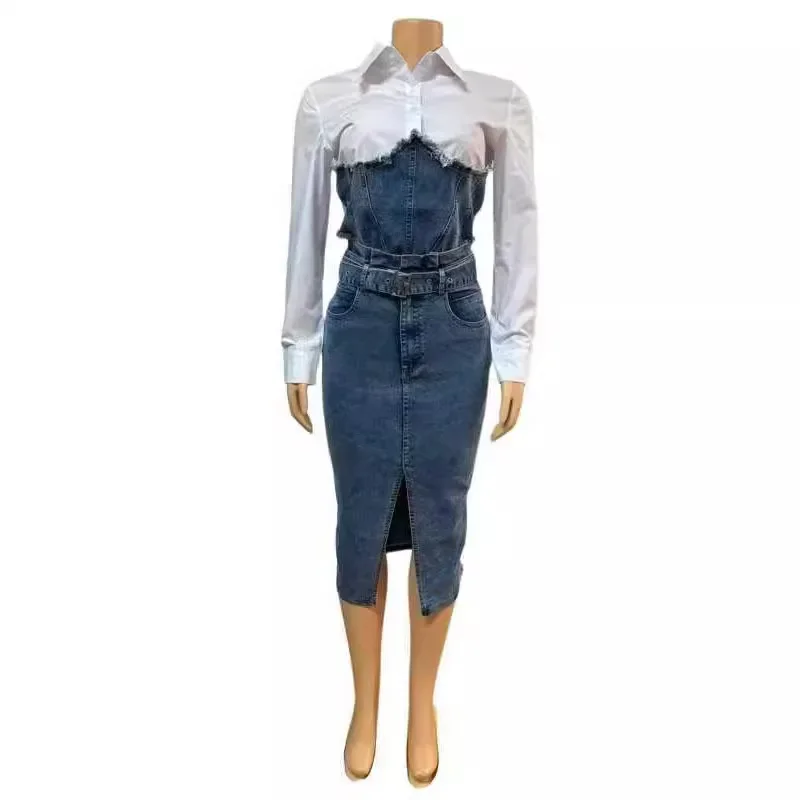 Setelan Rok Denim Wanita 2 Potong Atasan Kemeja Patchwork Kerah Lipat Sabuk Saku Overshirt Rok Lurus Pakaian Distressed