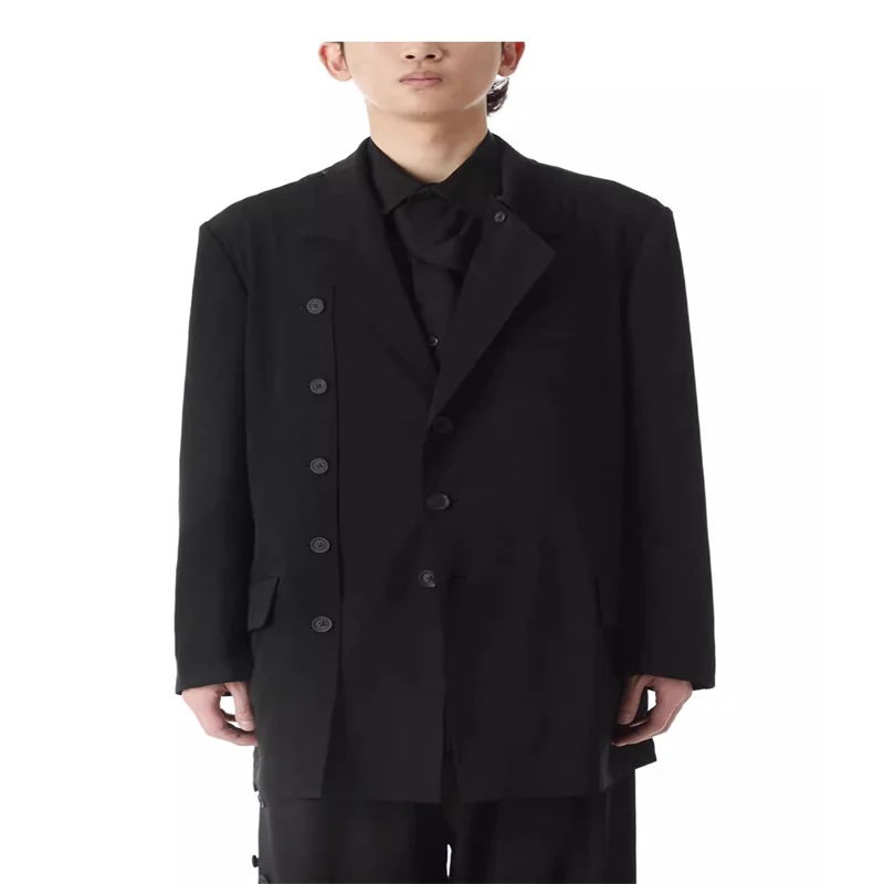 

2025 A solid-color, distinctive mid-length casual suit jacket with asymmetrical nail designs and buttons for men