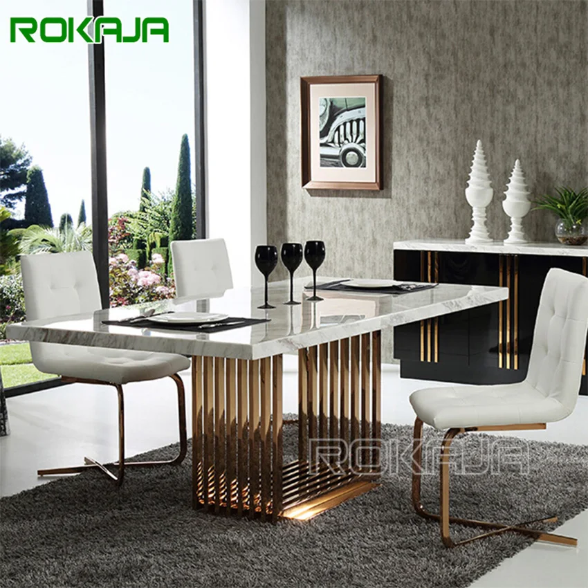 Modern Marble Dining Table Set Rose Gold Frame Rectangular Diner Table Dining Room U Shape Leg Gold Dining Chairs