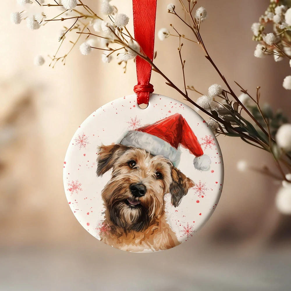 

A ceramic Christmas tree ornament - a dog in a Christmas hat with snowflakes, a round hanging holiday decoration