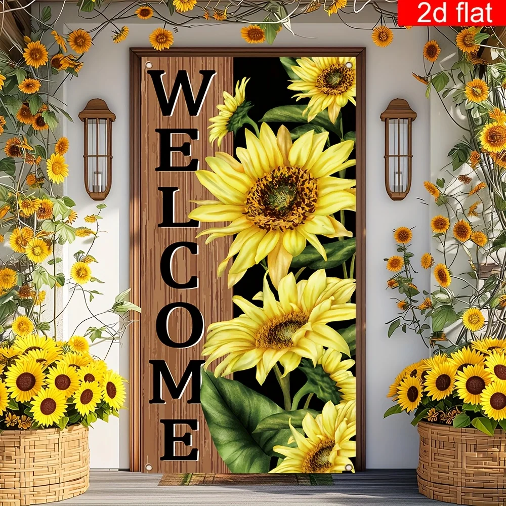 1pc Door Banner Featuring Cheerful Sunflower Design for Welcoming Summer Durable Polyester Door Cover for Outdoor Decor Curtain