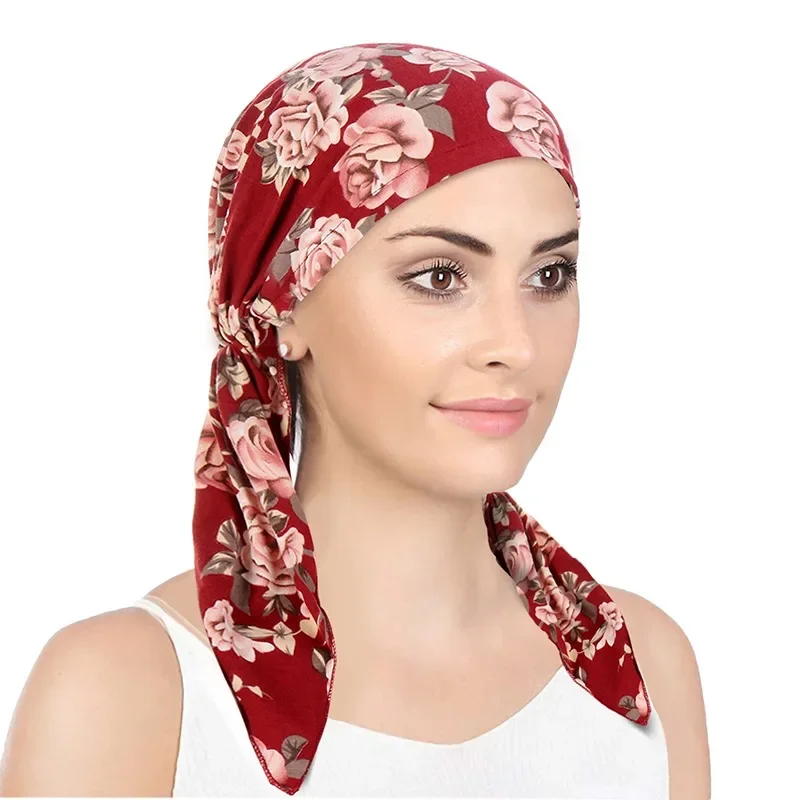 New Muslim Women Soft Turban Hat Headbands Pre-Tied Head Scarf Printed Ladiess Cotton Chemo Cap Inner Hijabs Hair Accessories