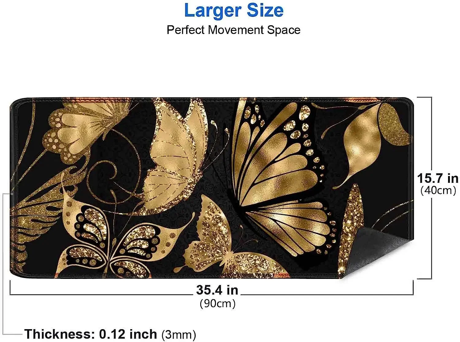حصيرة مكتب باللونين الأسود والذهبي مقاس 35.4 × 15.7 بوصة XL XXL لوحة ماوس كبيرة للألعاب قاعدة مطاطية غير قابلة للانزلاق على شكل فراشة ذهبية لامعة فنية