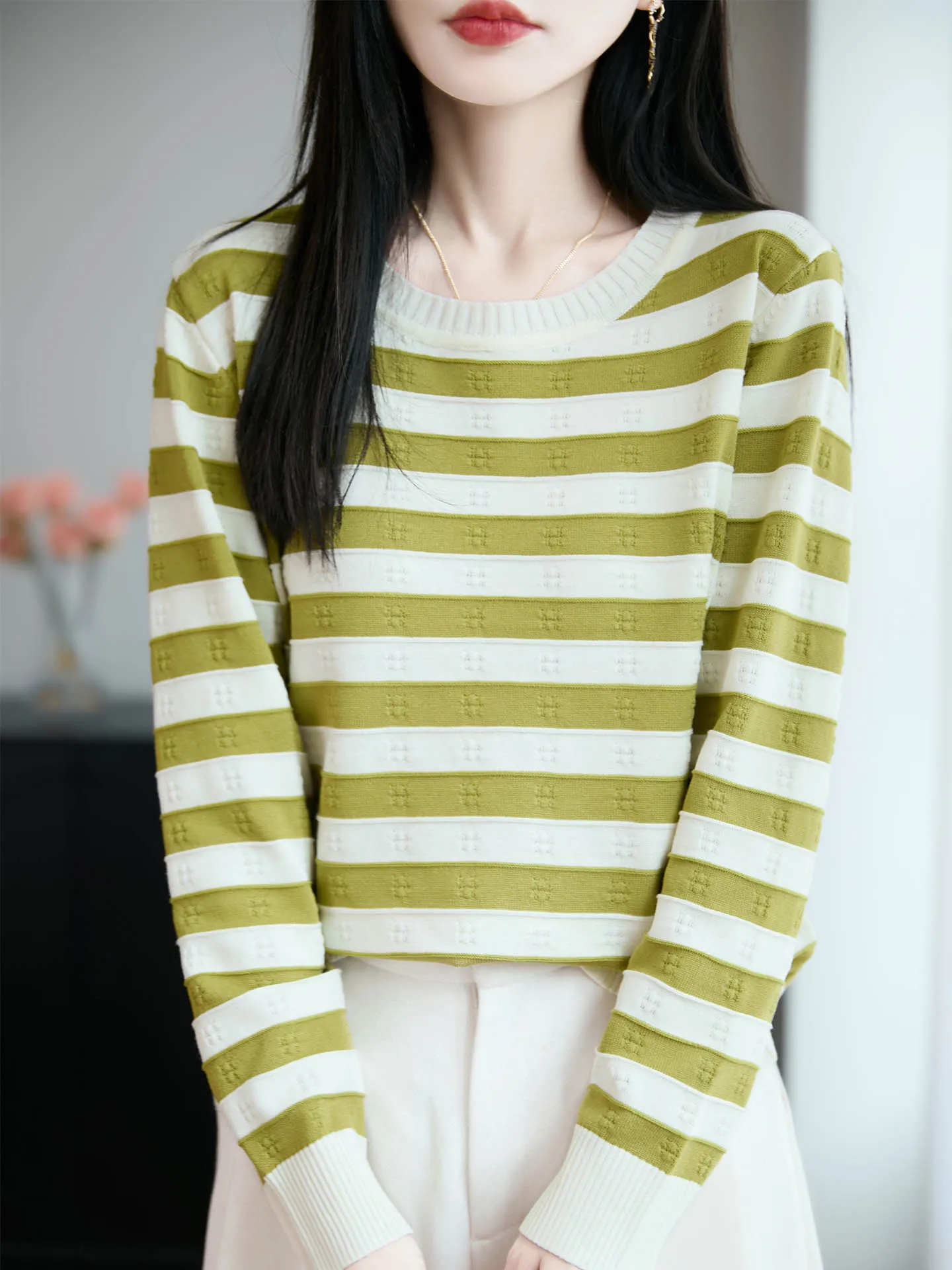 

Чистый женский пуловер из 100% мериносовой шерсти с круглым вырезом, вязаный свитер с длинными рукавами, осень-зима, полосатый свитер, деловой повседневный новый трикотаж