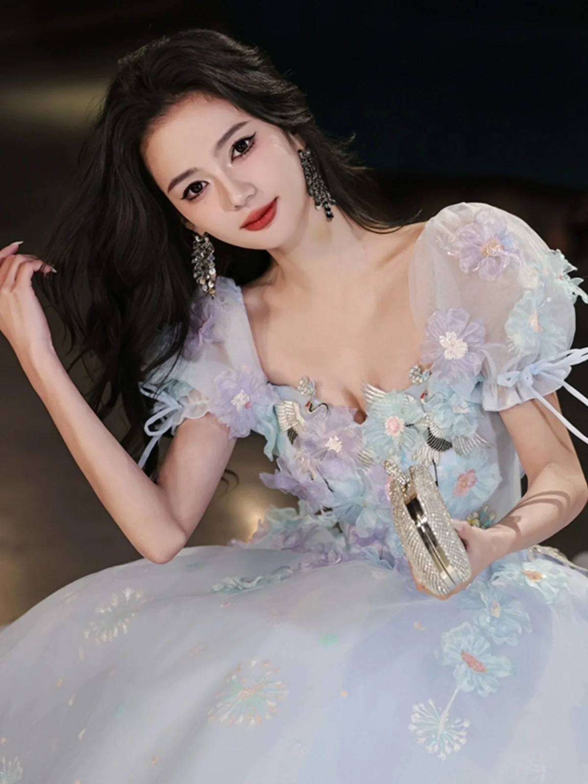 French Style Blue Flower Princess Evening Dress Women Puff Sleeves Appliques Bandage Ball Dresses Exquisite Sweet Birthday Gown