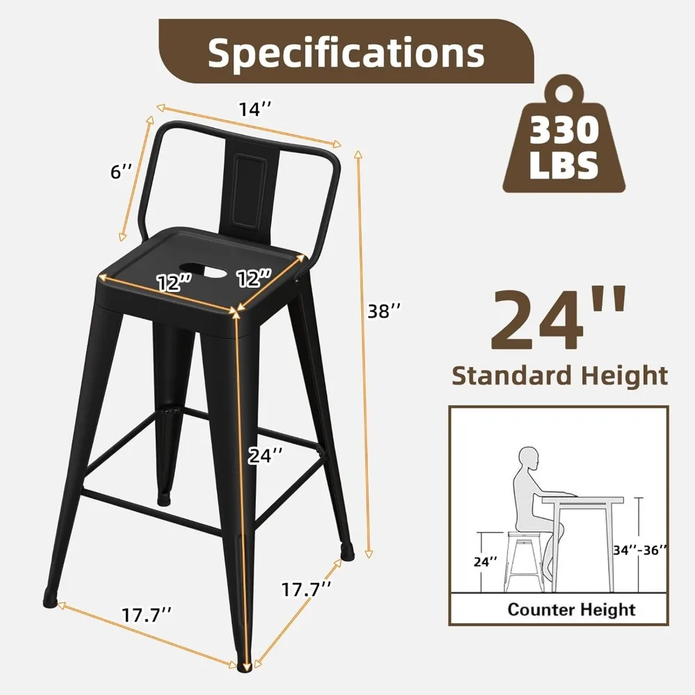 مقاعد بار معدنية، مقاعد بار ذات ارتفاع مضاد مع ظهر منخفض، كراسي بار صناعية حديثة للمطبخ (أسود غير لامع #2