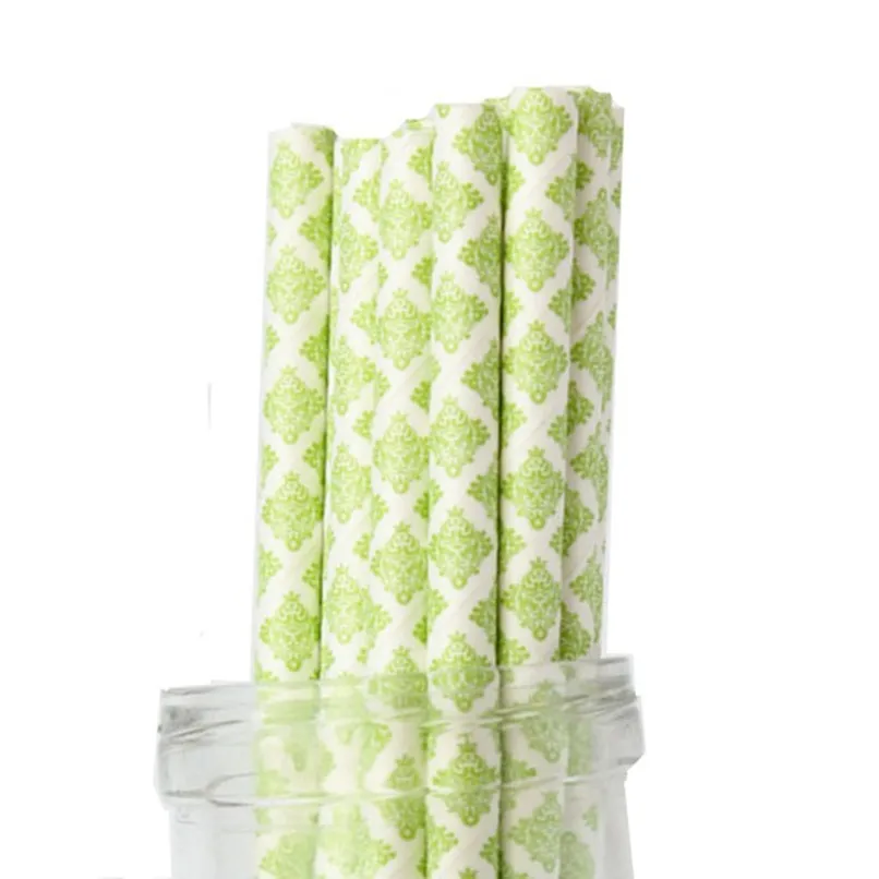 100 Pcs Lime Green Damask Paper Straws,Wedding Spring Easter Biodegradable Party Mason Jar Cake Pop Sticks Juice Bar Drinking