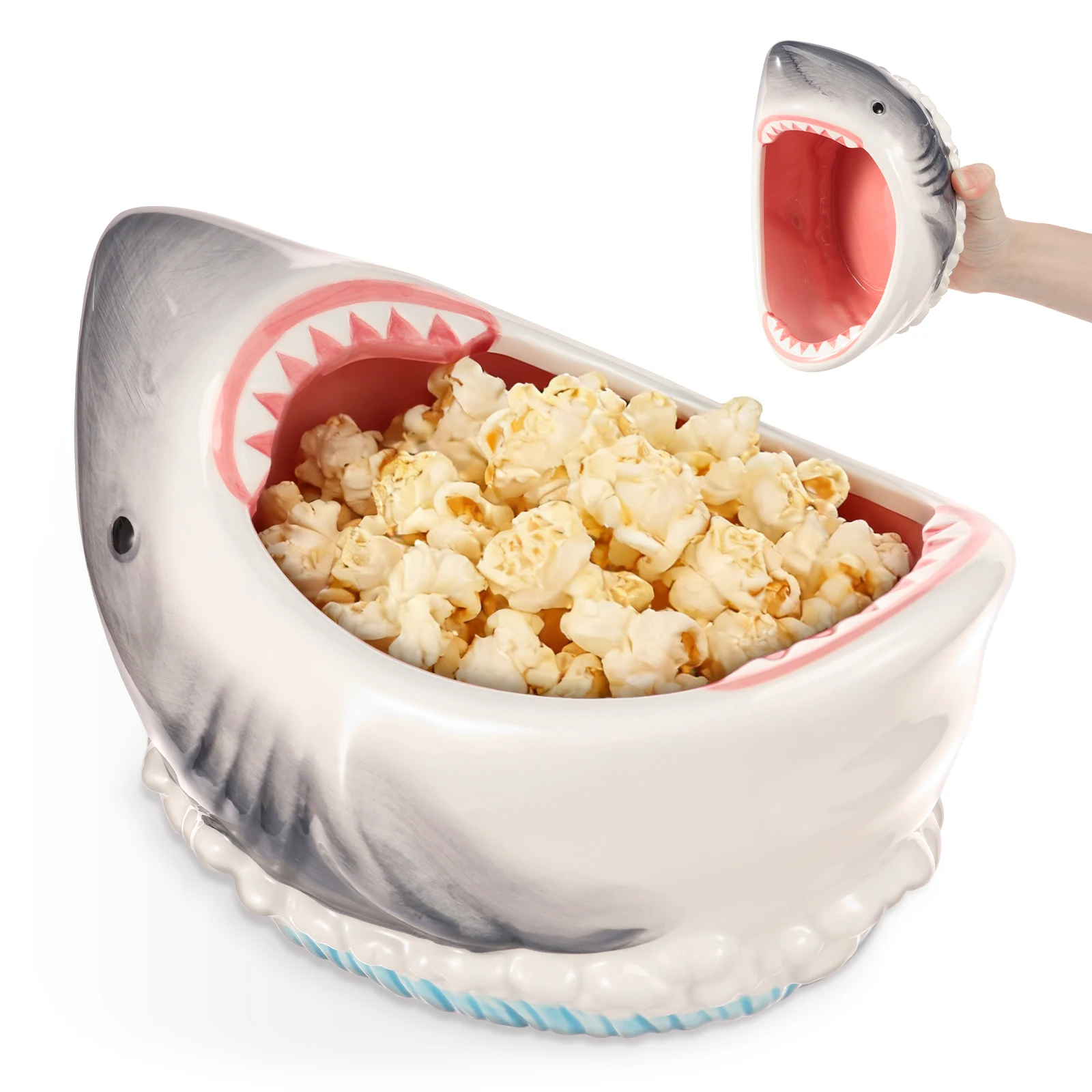 3D Shark Attack Ceramic Bowl 40oz Food Storage Container Shark Shape Snack Bowl Multi-Purpose Bowls for Popcorn Fruit Key Candy