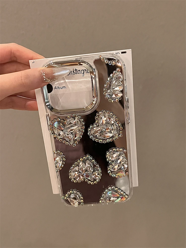 Luxe Glitter Rhinestone Case for iPhone 15 Pro Max 16 pro Shiny Heart Phone Cases Cover for iPhone 13 11 12 Pro Max Bride Gift