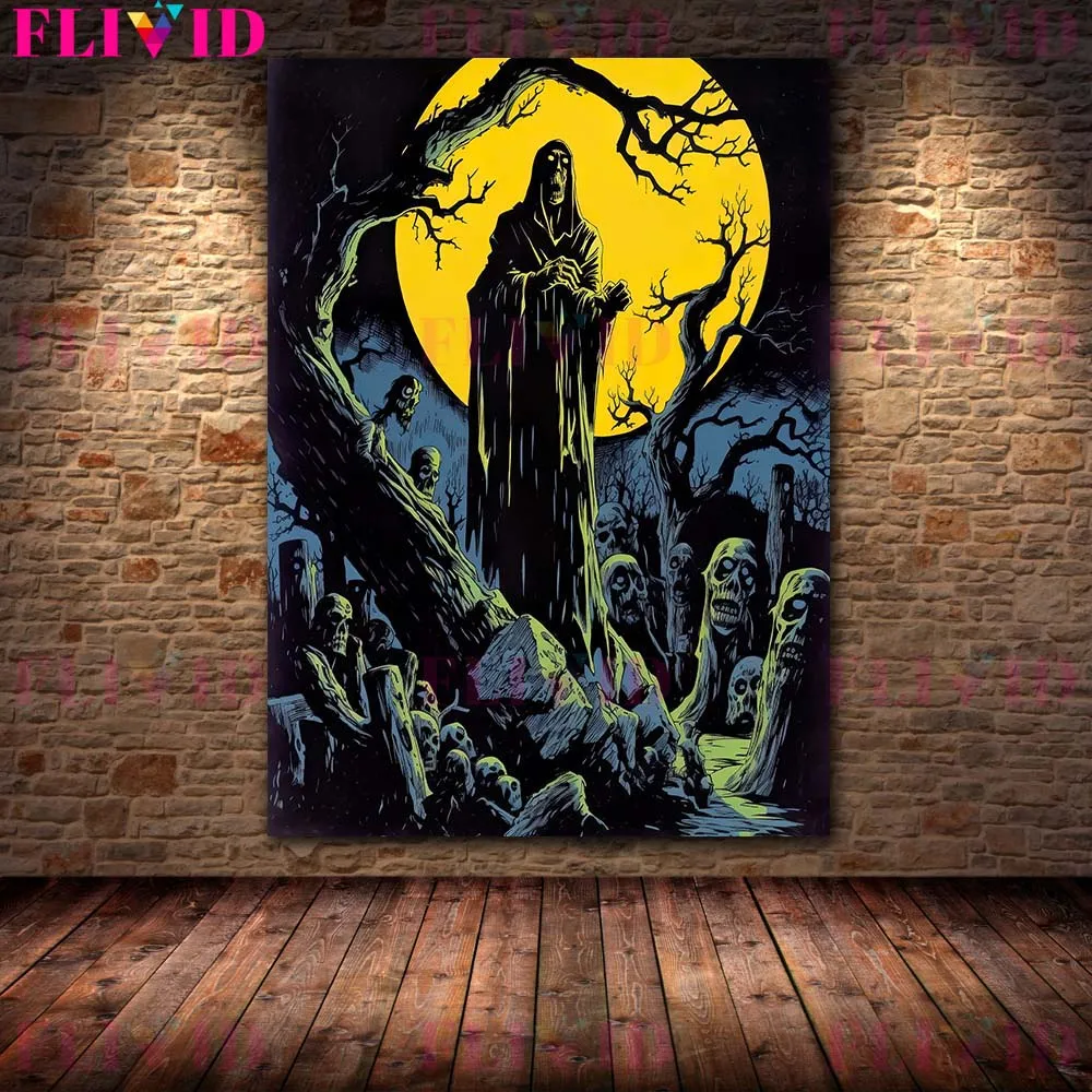 Halloween Witch,Undead,Trick-or-treaters,Abstract Wall Art Canvas Painting,Funny Halloween Illustration Art Poster Print Decor