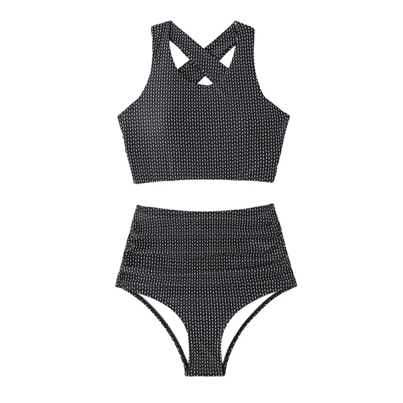 Maiô conservador de duas peças para mulheres, roupa de banho tankini xadrez, novo maiô de duas peças sem costas