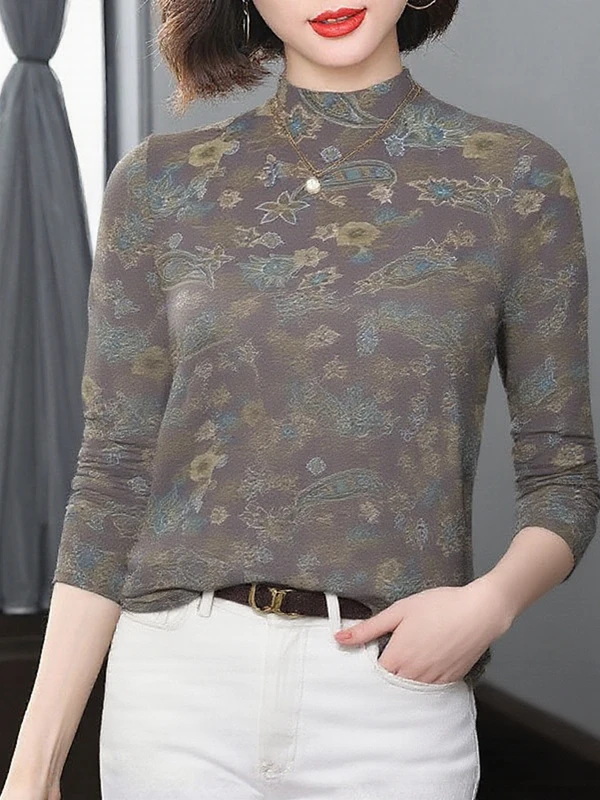 

Elegant High Neck Print Long Sleeve Base Shirt Mommy Style plus Size Conceal Meat Top for Middle-Aged And Elderly Women