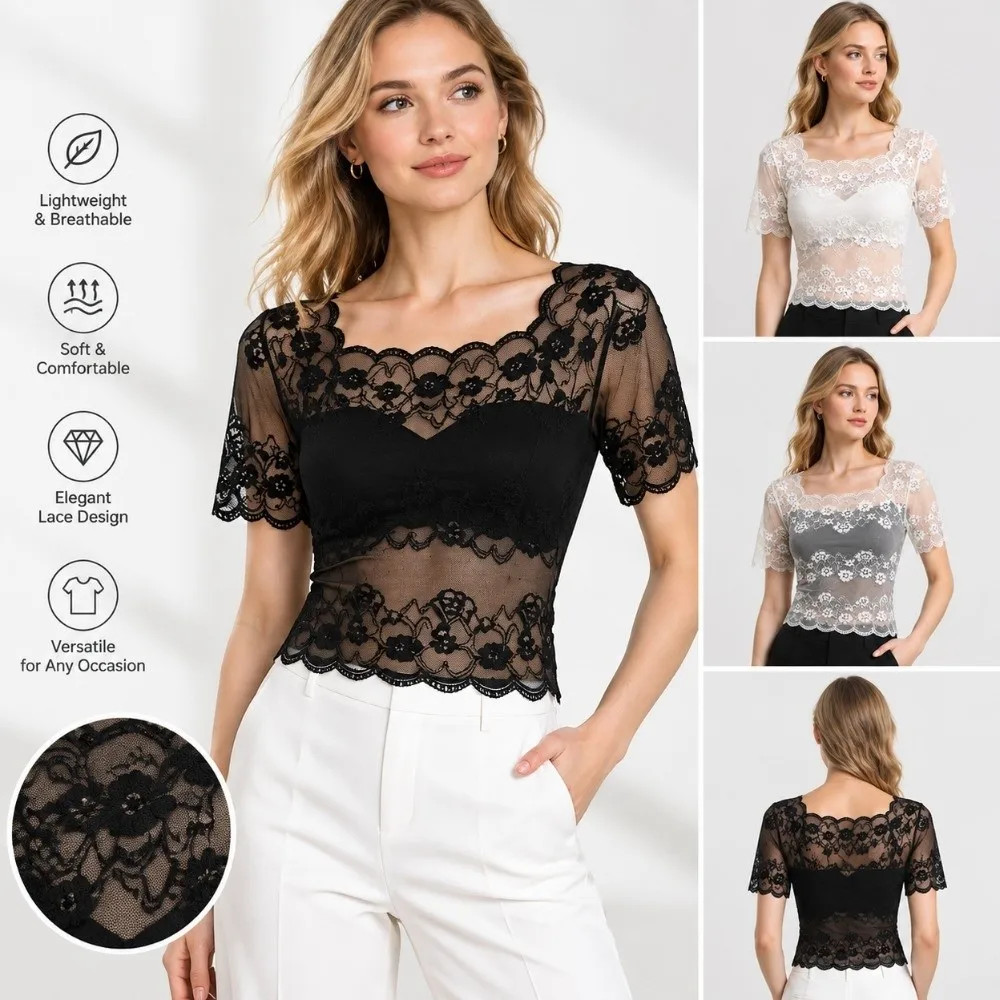 Fashion Nylon Lace Short Sleeve Top Short Sleeve Breathable Sheer Mesh Blouse Thin Light Fabric Hollow Out Layering Tee Women