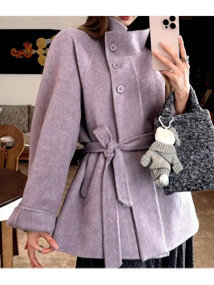

Lady's Gentle Short Woolen Jackets 2025 Winter Vertical Collar Lace-Up Single Breasted Elegant Loose Women's 100% Wool Coats