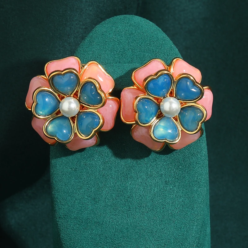 

Vintage Love Blue Pink Flower Earrings for Woman Bohemia Multi Layered Petals Antique Jewelry Luxury Party Dress Korean New 2024