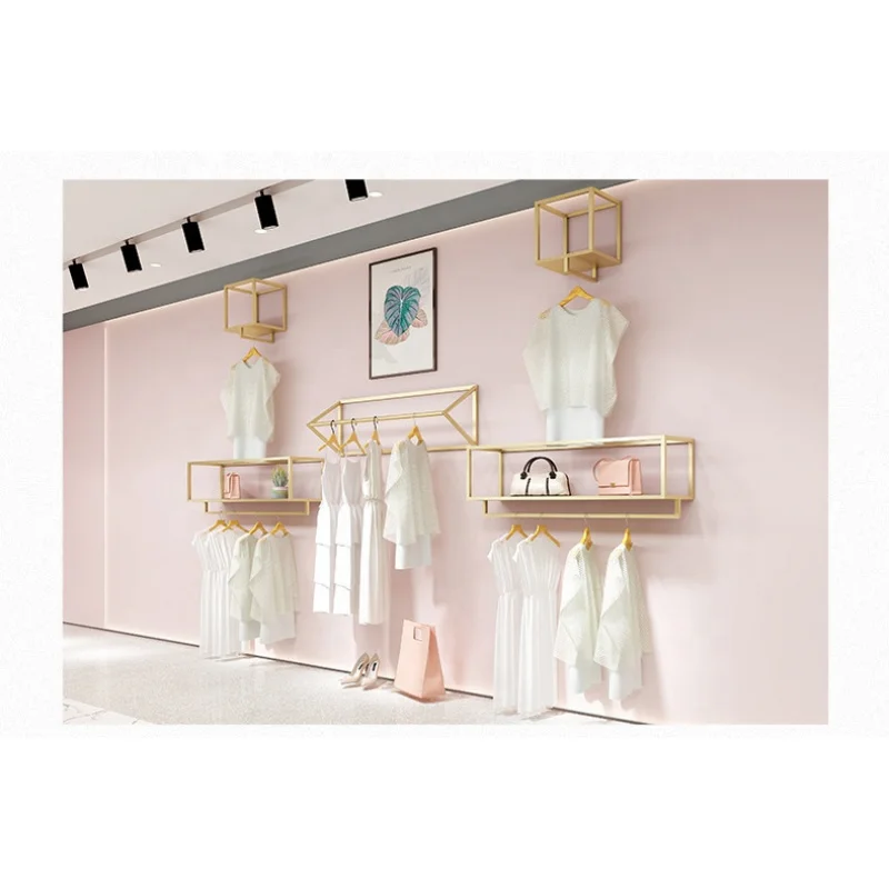 （customized）Cheap Space Saving Garment Rack Wall Mounted Clothing Display Rack Furniture Clothes Shop