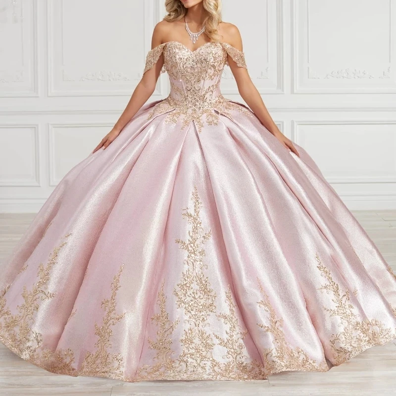 

Luxury Pink Shiny Quinceanera Dresses 2024 Gold Lace Appliqued Crystal Off the Shoulder Ball Gown Sweet 15 Vestidos De