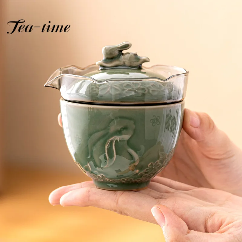 Yue Kiln Celadon Moon Rabbit Tea Set Kit Vintage Set of Cups 1 Pot 1 Cup Household Tea Making Picnic Outdoor Stock Bags Craft