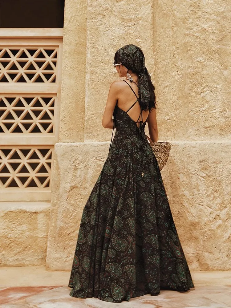 

86-94cmBust Summer Maxi Dresses For Women Elegant Slim Sexy V-Neck Backless Bohemian Vacation Style Exotic Print Suspender Dress