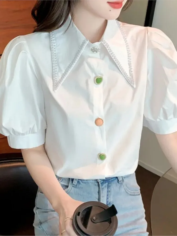 

French White Shirts Women Elegant Chic Pointed Collar Puff Sleeve Pearl Button Up Casual Loose Blouse 2023 Spring New Shirt Tops