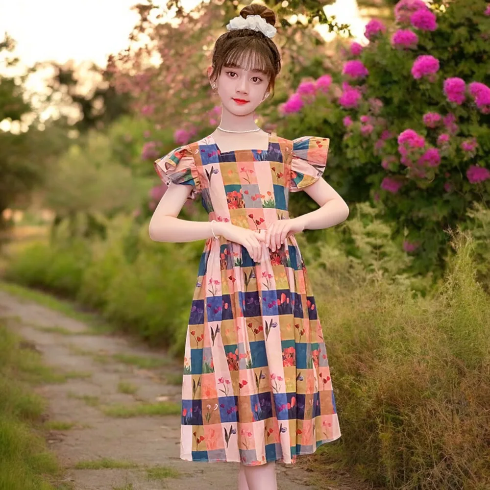 Teens Kids Lolita Dresses for Girls Outfits Short Sleeve School Plaid Dress Baby Summer Children Party Costumes 6 8 10 12 Years