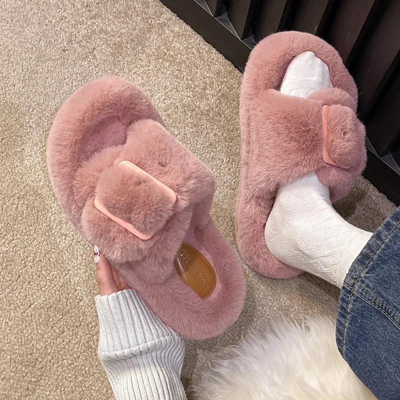 

Women Winter Warm Fur Slippers Fluffy Slide Plush Flat Non-Slip House Indoor Floor Shoes Platform Daily Casual Slippers 2023