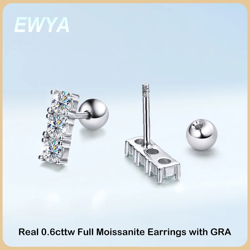 

EWYA Sparkling 0.6cttw 3-Stone Moissanite Screw Earrings For Women Fine Jewelry S925 Silver Plated PT950 Diamond Stud Earring