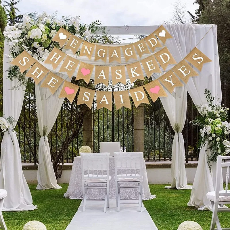 3 Pieces Engaged Burlap Banner He Asked She Said Yes Banner Rustic Bridal Shower Bunting Garland For Wedding Engagement