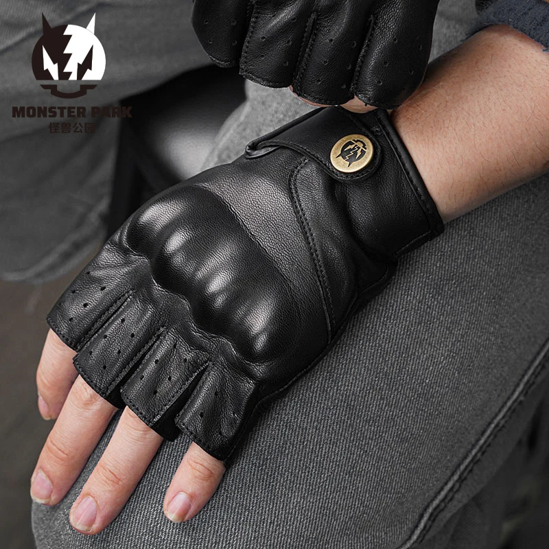 MONSTER PARK Motorcycle Gloves For Men Half Finger Vintage Leather Breathable Riding Gloves Moto Motocross Protective Gloves