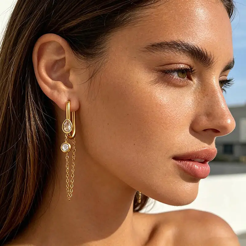 Geometric waterdrop zirconia chain tassel stainless steel stud earrings for women fashionable titanium steel earrings