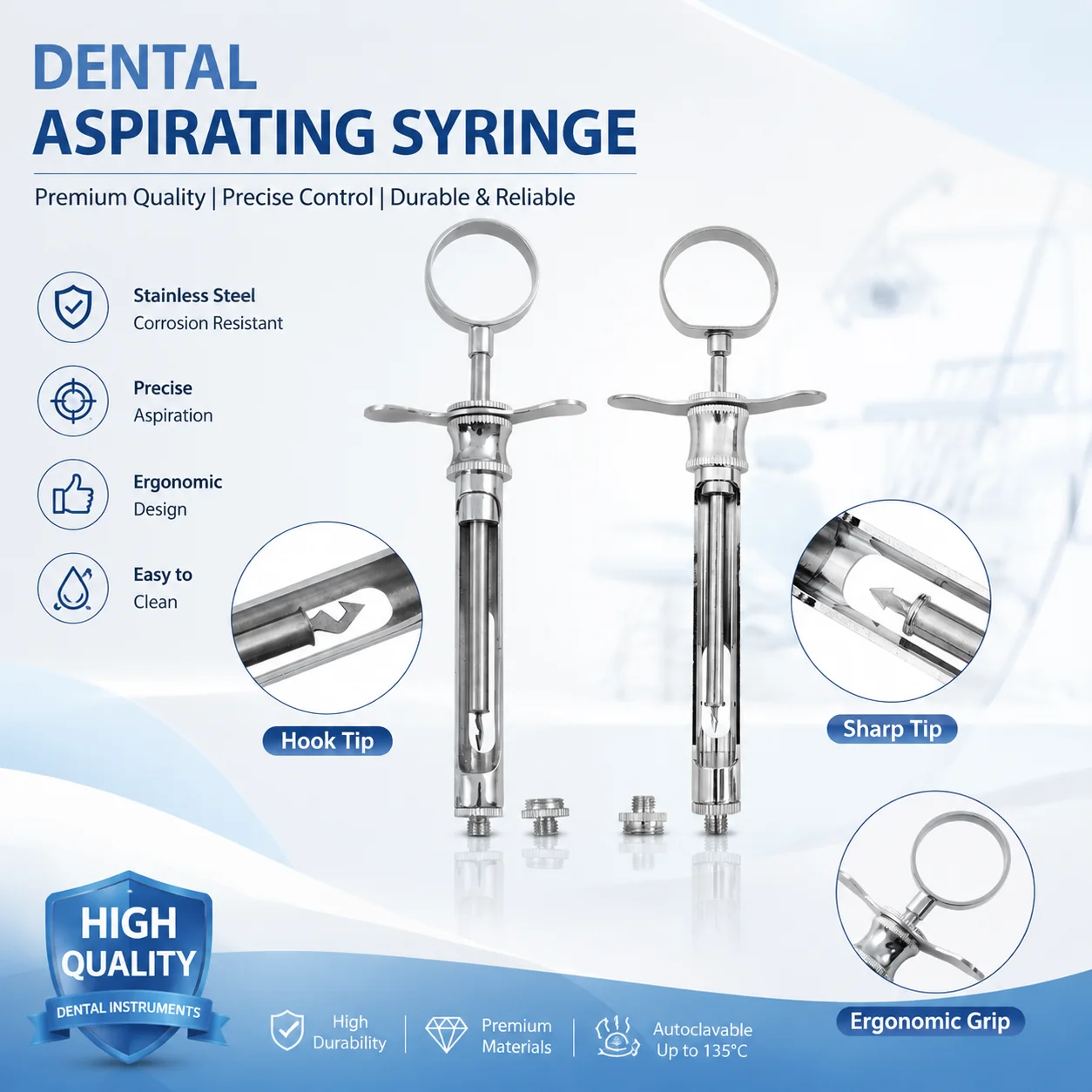 1 Set de seringues dentaires de 1,8 ml à tête de crochet, en acier inoxydable, pour aspiration dentaire, instrument chirurgical