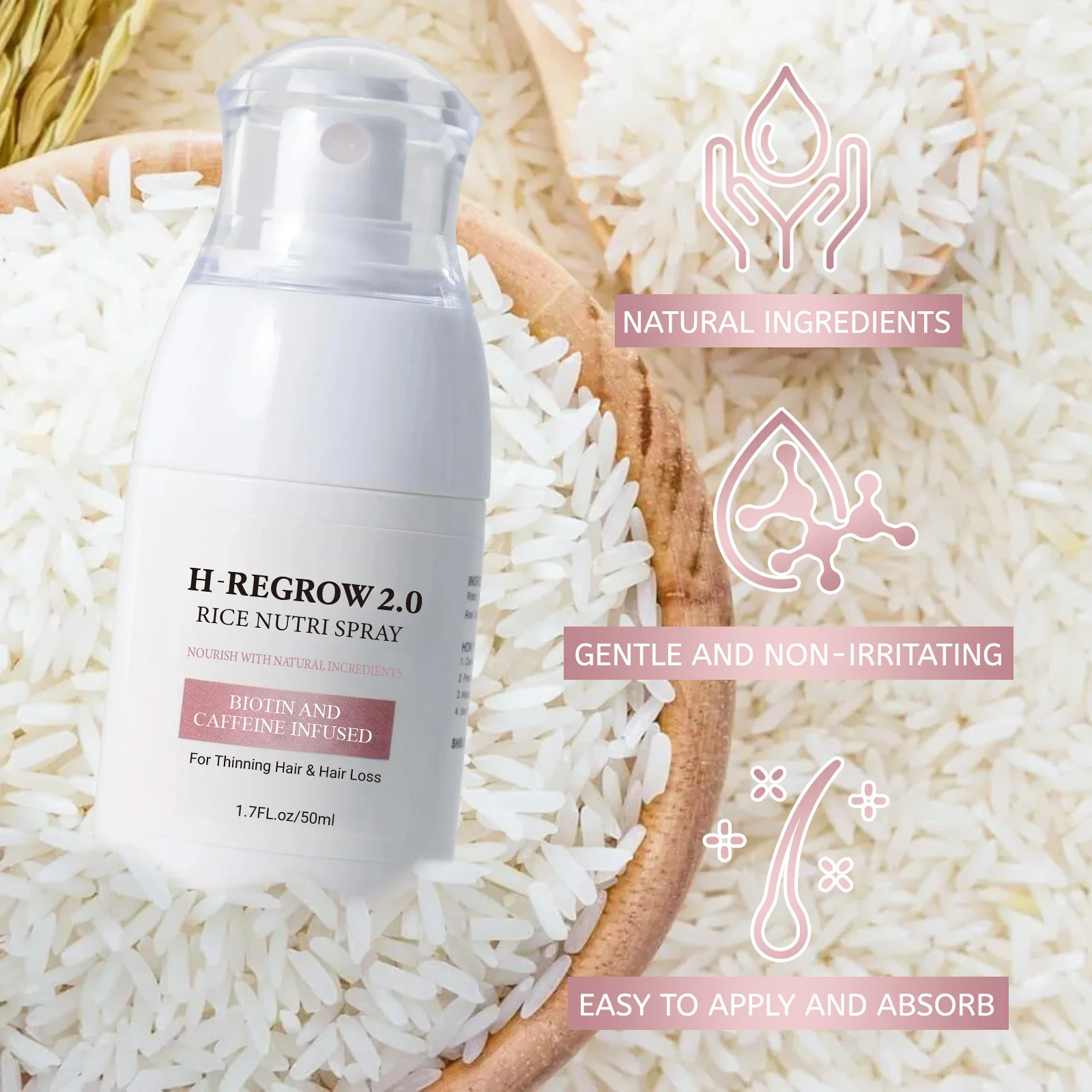 Spray naturel de croissance des cheveux au riz et à la biotine 50 ml - Traitement anti-chute avec extrait de caféine et de gingembre pour cheveux clairsemés