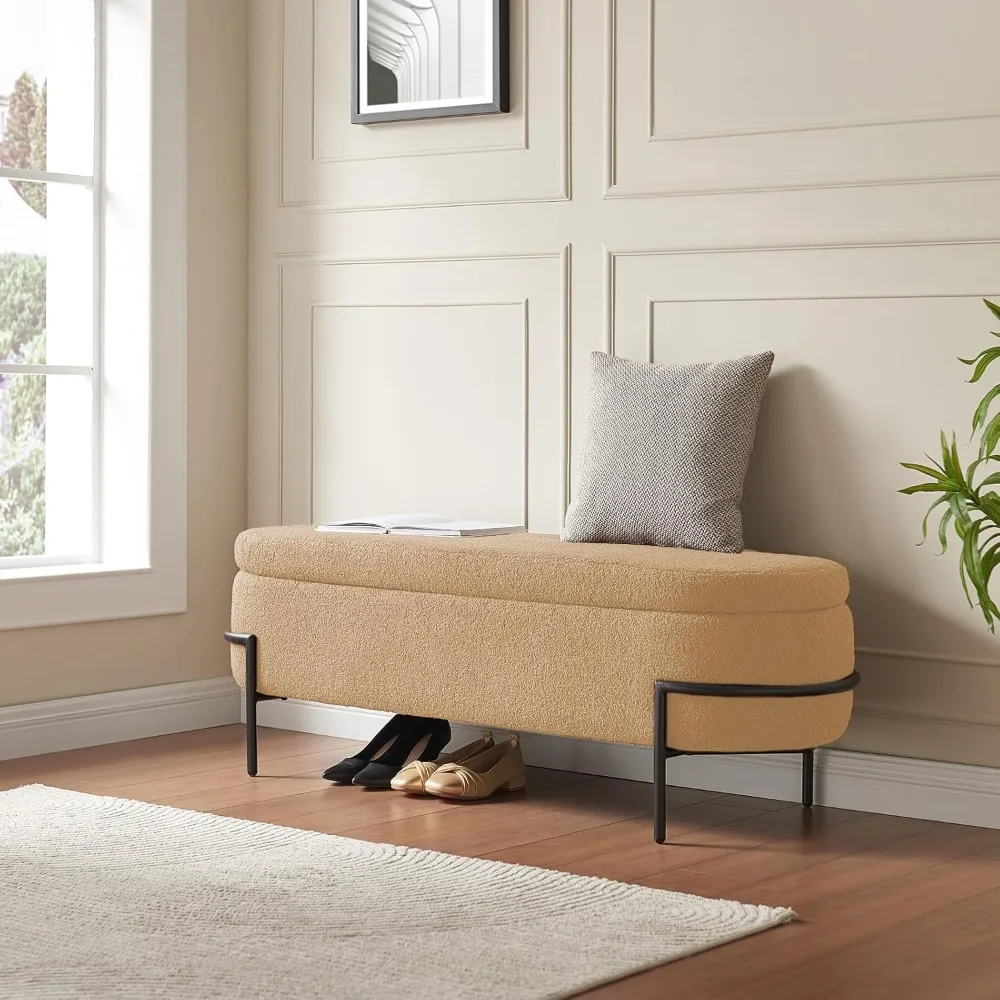 مقعد عثماني للتخزين المنجد لغرفة النوم، حامل معدني باللون البيج، نهاية أثاث تخزين السرير مع قماش بوكل #3