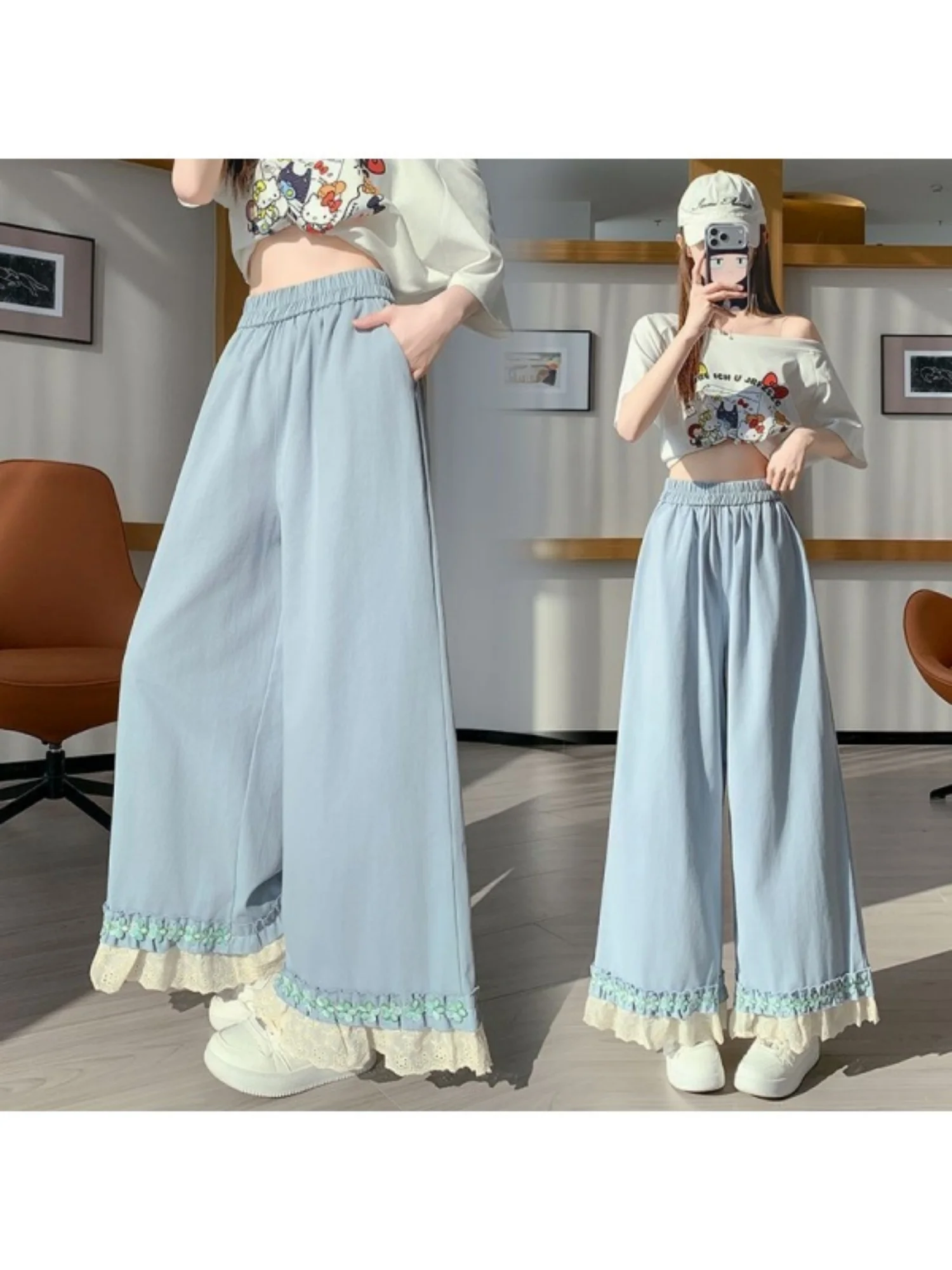 Summer 2026 High Waist Lace Splicing Loose Women's Pants Wooden  Ear Casual Wide Leg Trousers Fashionable for Short Ladies